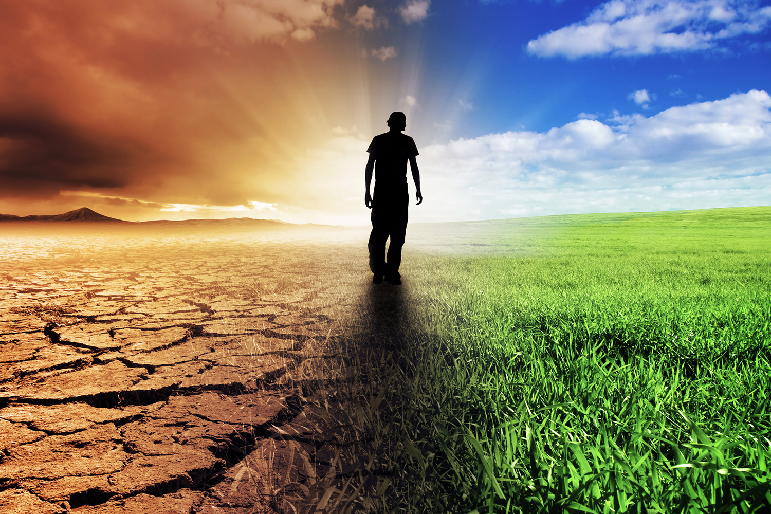 Embracing Change a man standing between his old world and his fresh new one