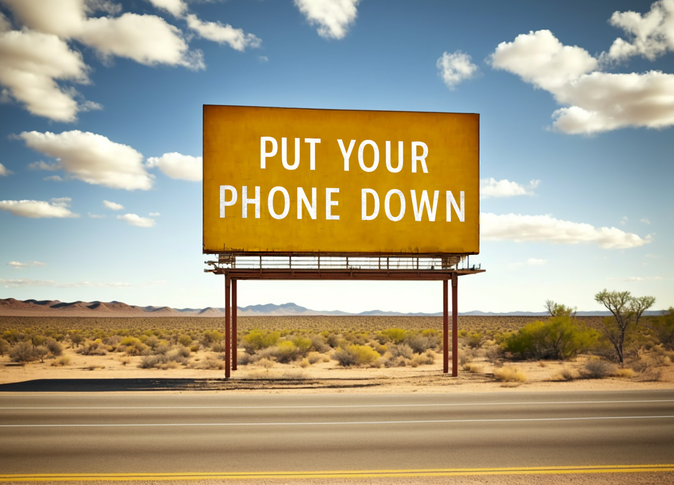 The Power of Real Connection Billboard in the desert that says "Put your phone down."
