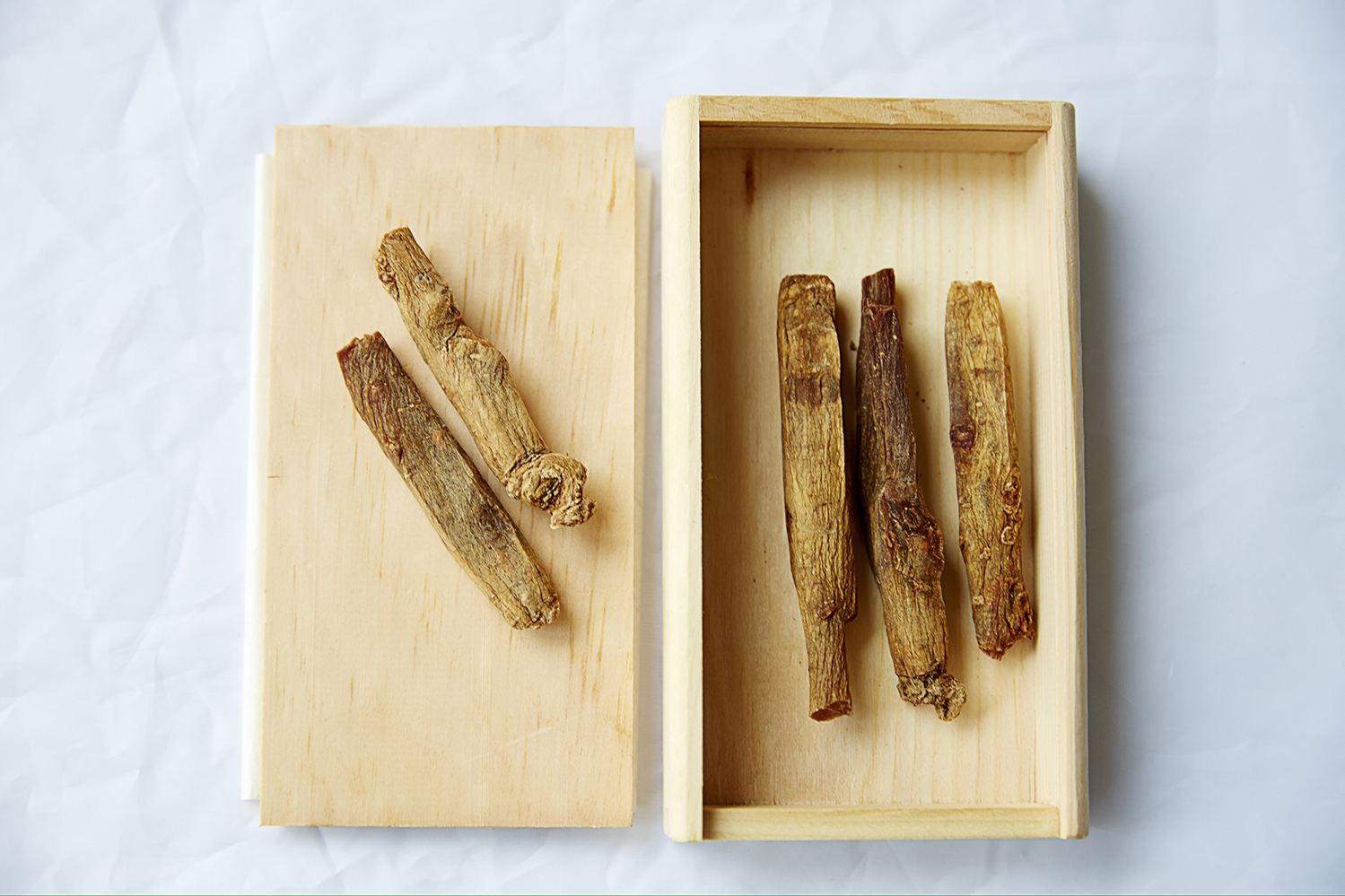 Ginseng, the Herb of Power and Longevity a wooden box of Korean red ginseng root
