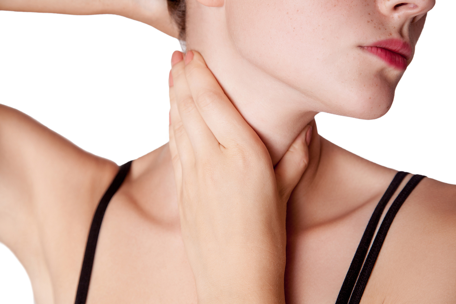 Weight Loss, Energy, and Mood: The Thyroid Connection Closeup view of a young woman with pain on neck or thyroid gland.