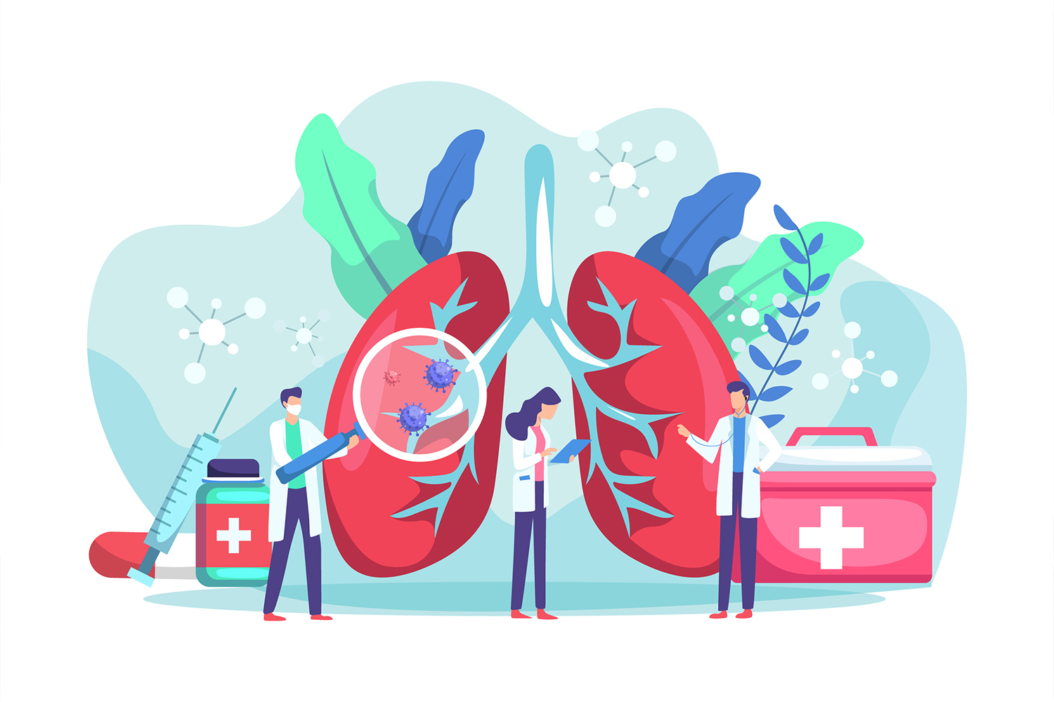 Power Up Your Lungs to Fight Viruses An illustration of doctors and scientists examining lung health.