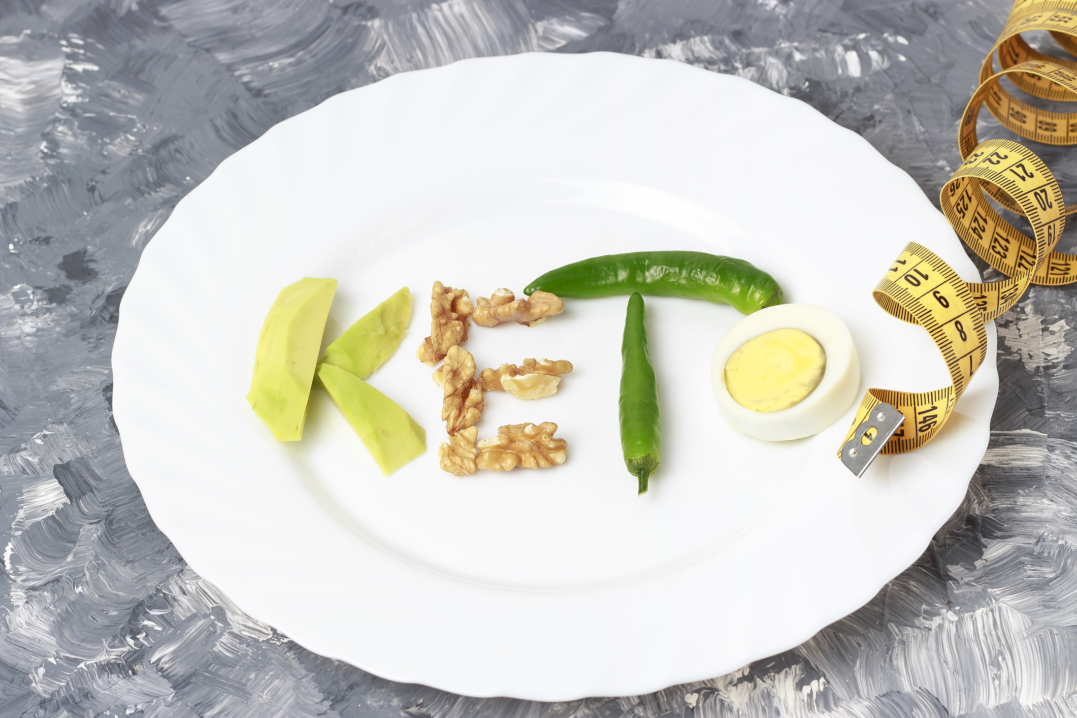 Why Keto Doesn’t Work for Everyone Keto spelled out on a white plate with Keto diet foods and a tape measure.