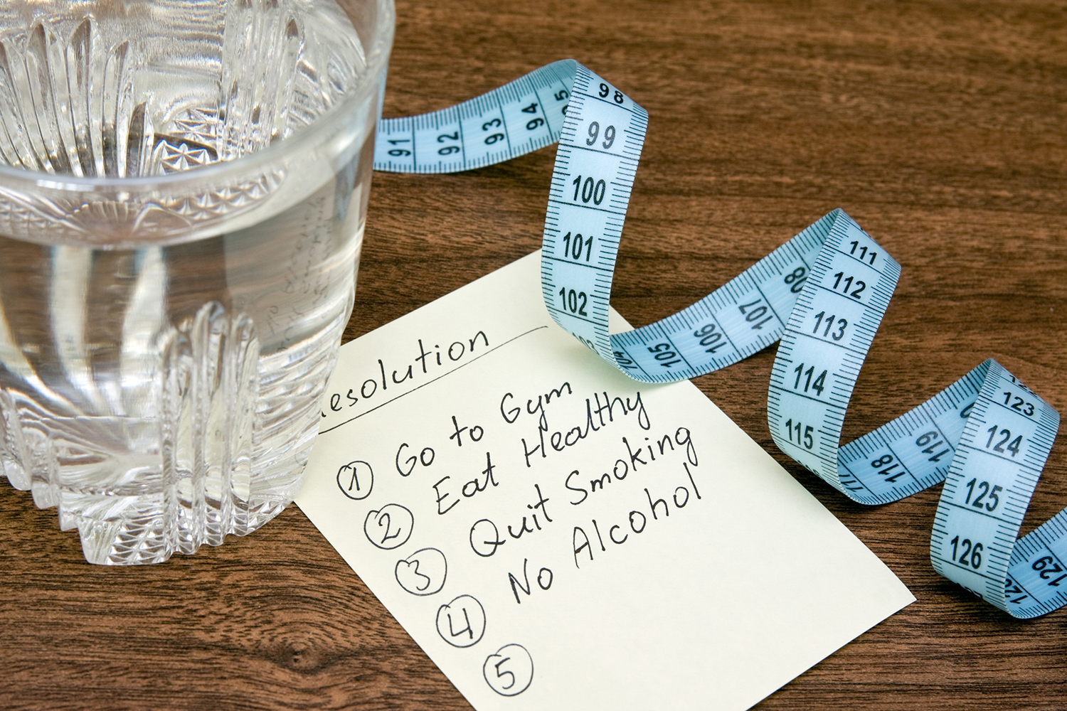 New Year, New You. It's a Thing, Right? A list of New Year's resolutions next to a glass of water and measuring tape.