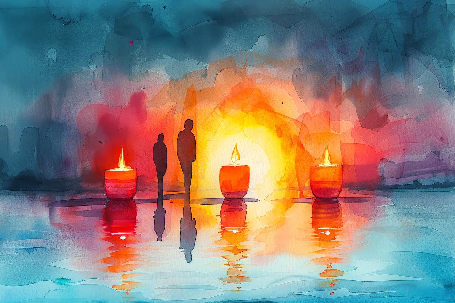 Memory's Purpose watercolor figures passing by candles on the water