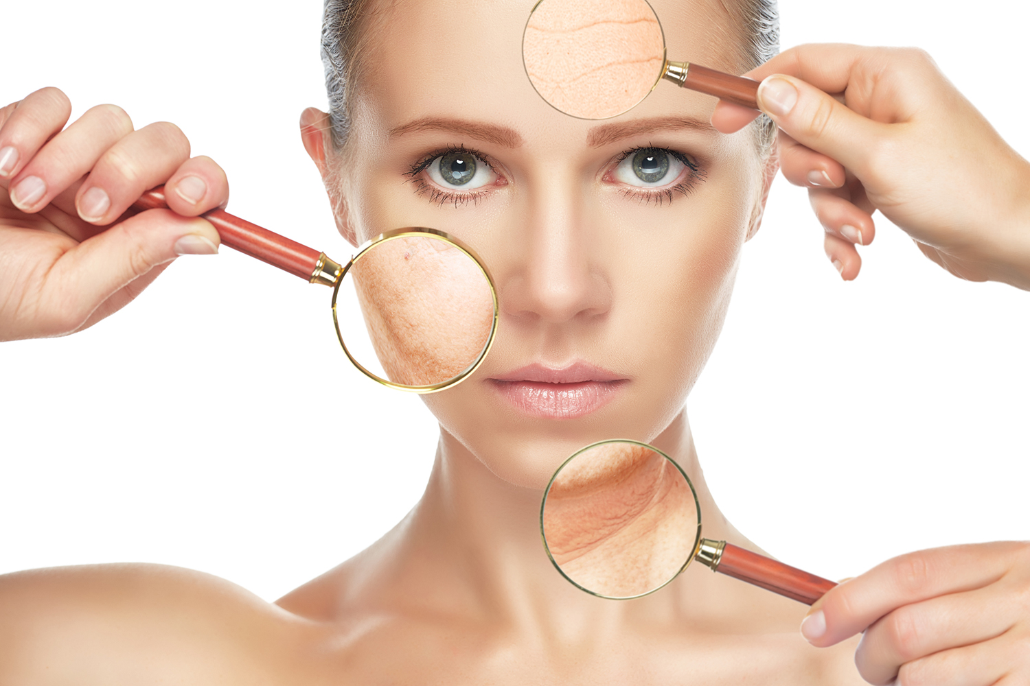 a woman's face under magnifying glasses