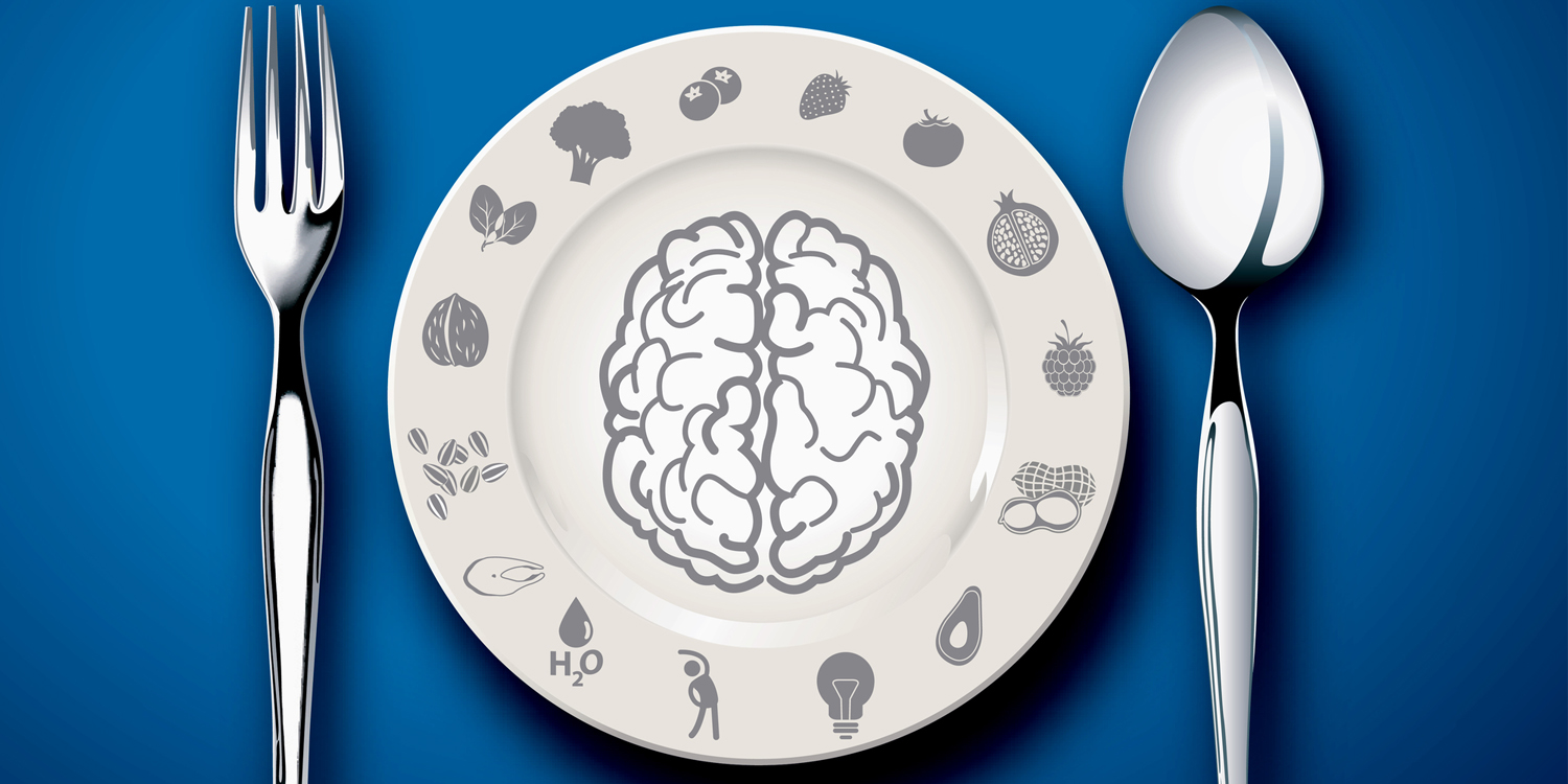 Studies Link Taste to Personality A place setting.A white plate with an outline drawing of a brain, the outer plate edges drawings of brain foods.