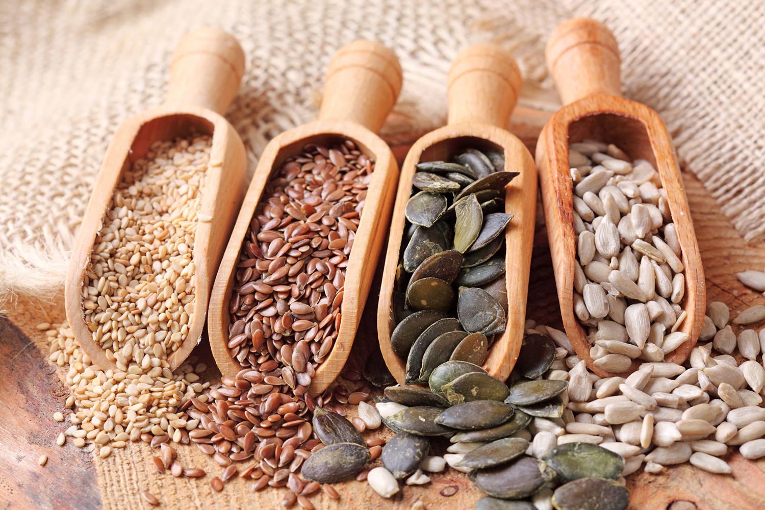 scoops of sesame, flax, pumpkin, and sunflower seeds