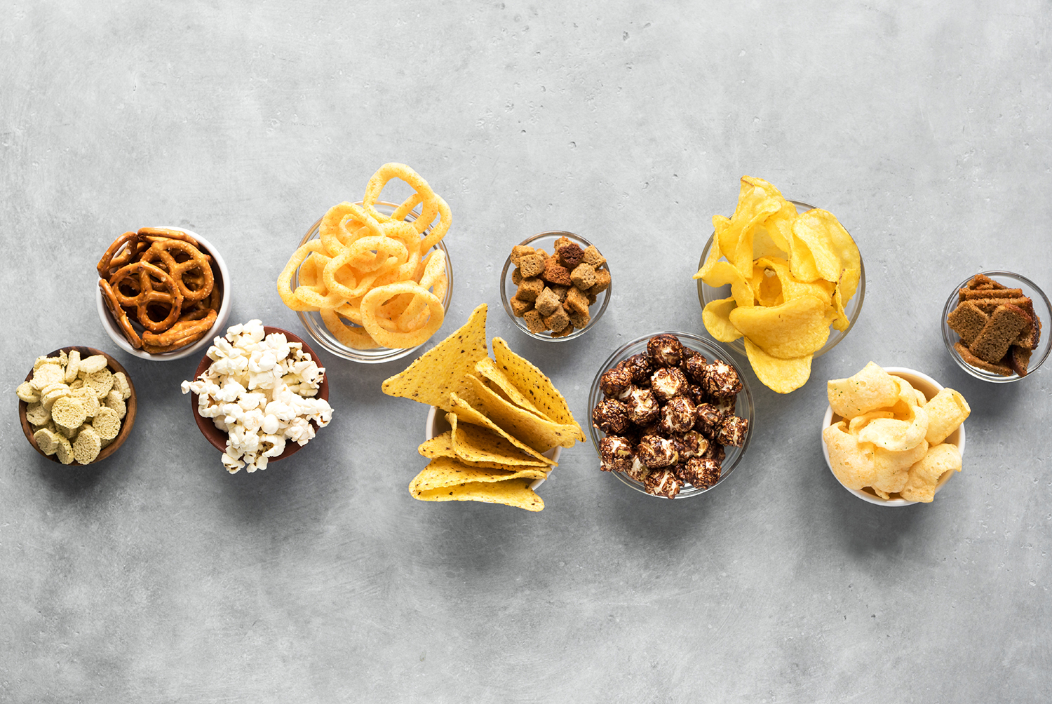 bowls of carb-heavy snacks
