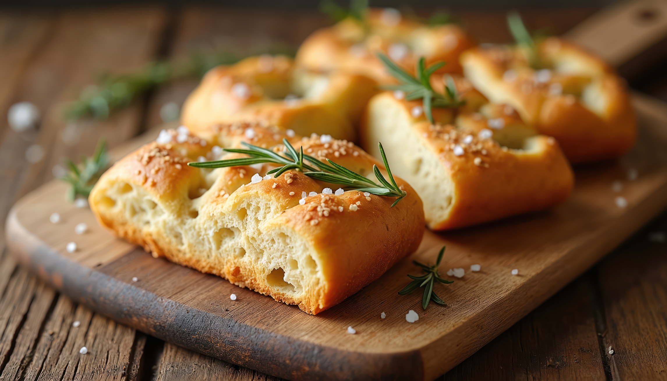 Focaccia Sliced pieces of focaccia sprinkled with sea salt and rosemary sprigs  on a wooden cutting board.