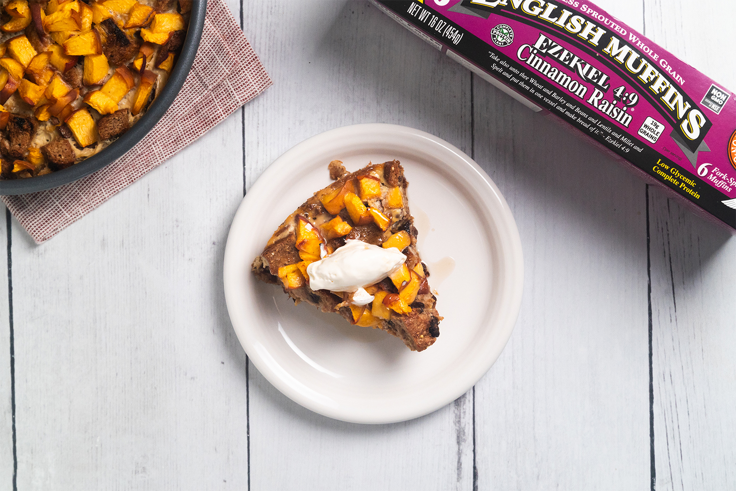 Baked Peach English Muffin French Toast a slice of baked french toast with peaches
