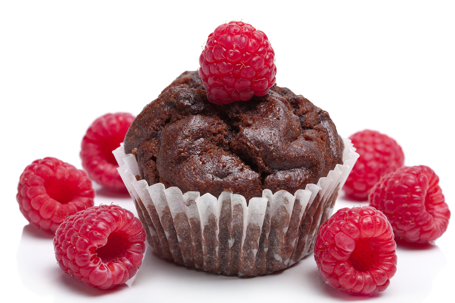 Chocolate-Raspberry Muffins a chocolate muffin with a raspberry on top