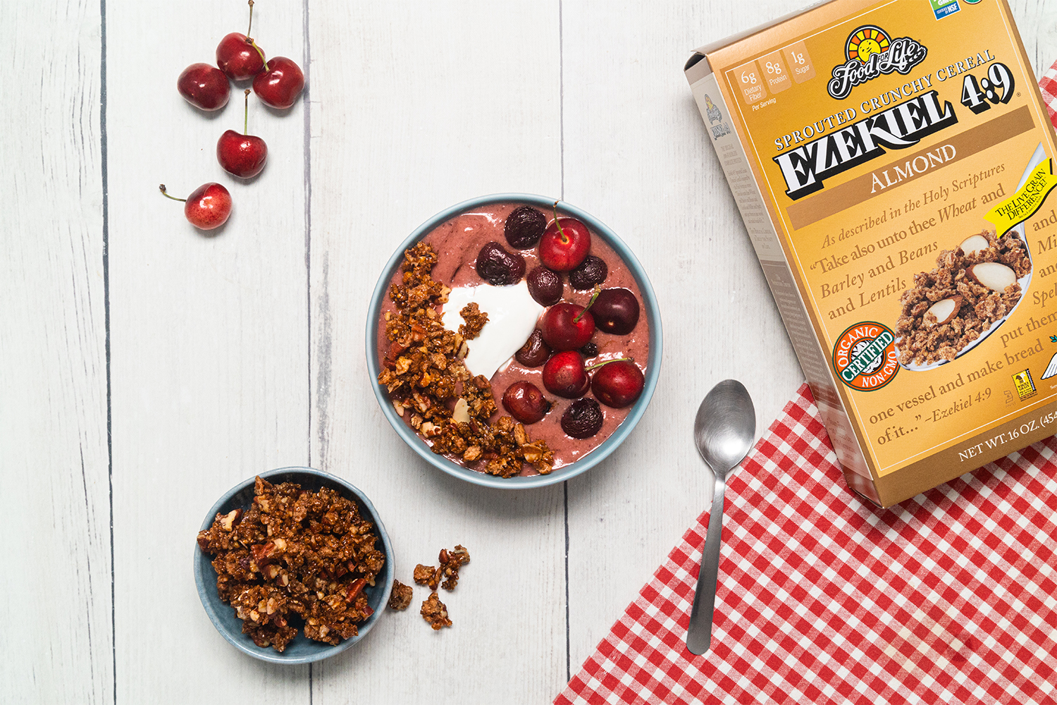 Cherry Crisp Summer Smoothie Bowl a bowl of cherry smoothie topped with almond crisp