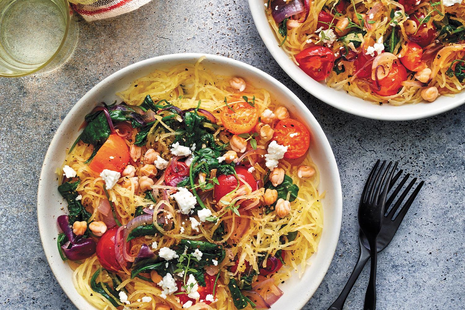 Greek Spaghetti Squash Toss Spaghetti Squash toss with greens and feta