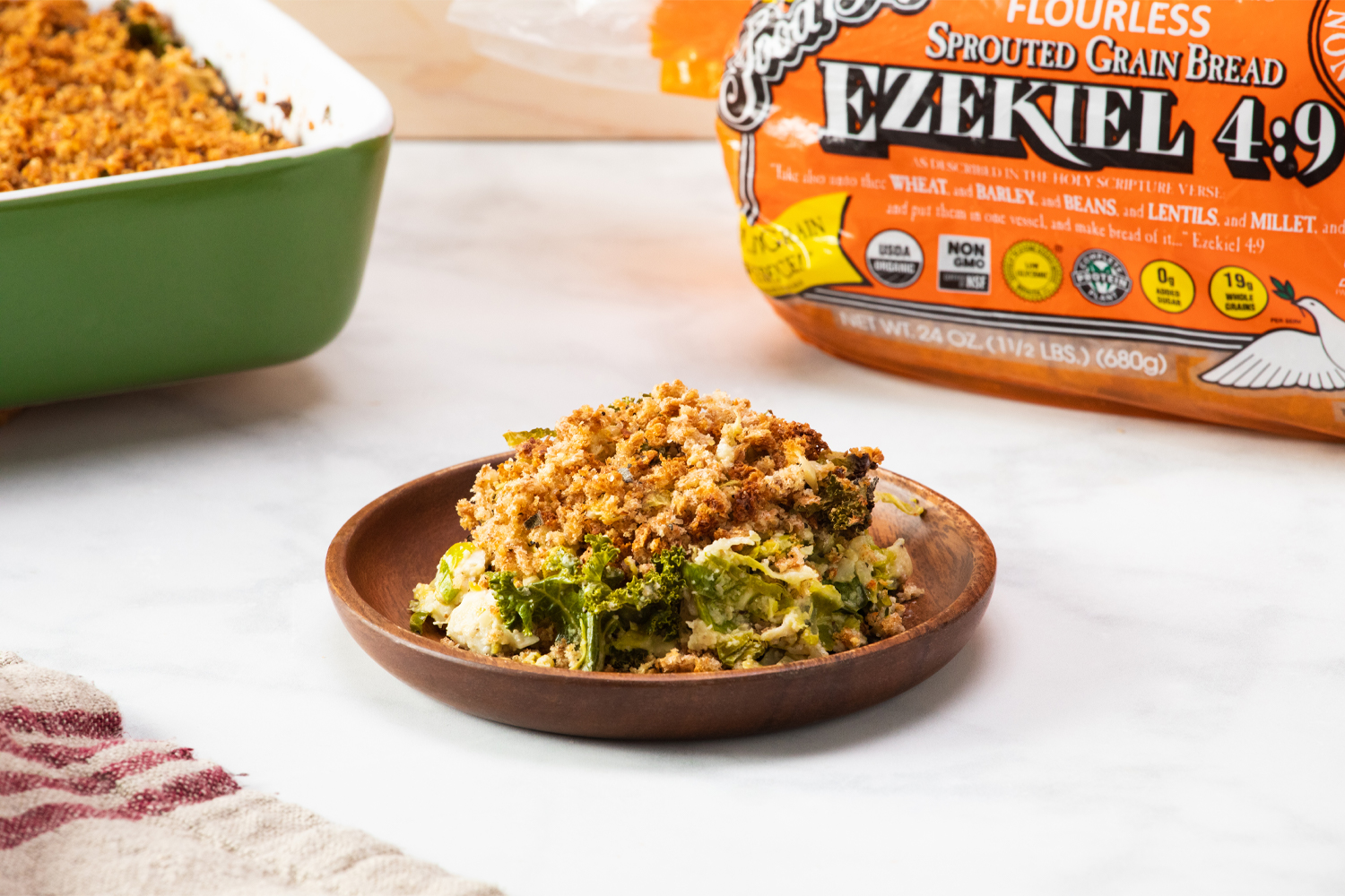 Kale and Brussel Sprout Gratin a plate of vegan gratin piled high