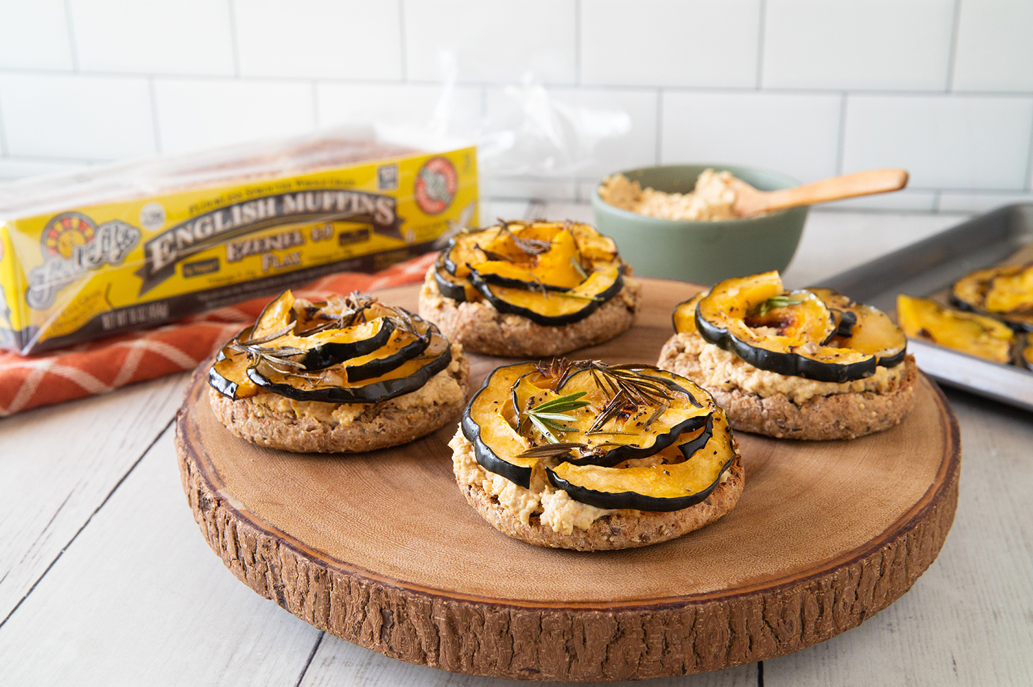 Roasted Squash and Vegan Ricotta English Muffins english muffins topped with squash and vegan cheese