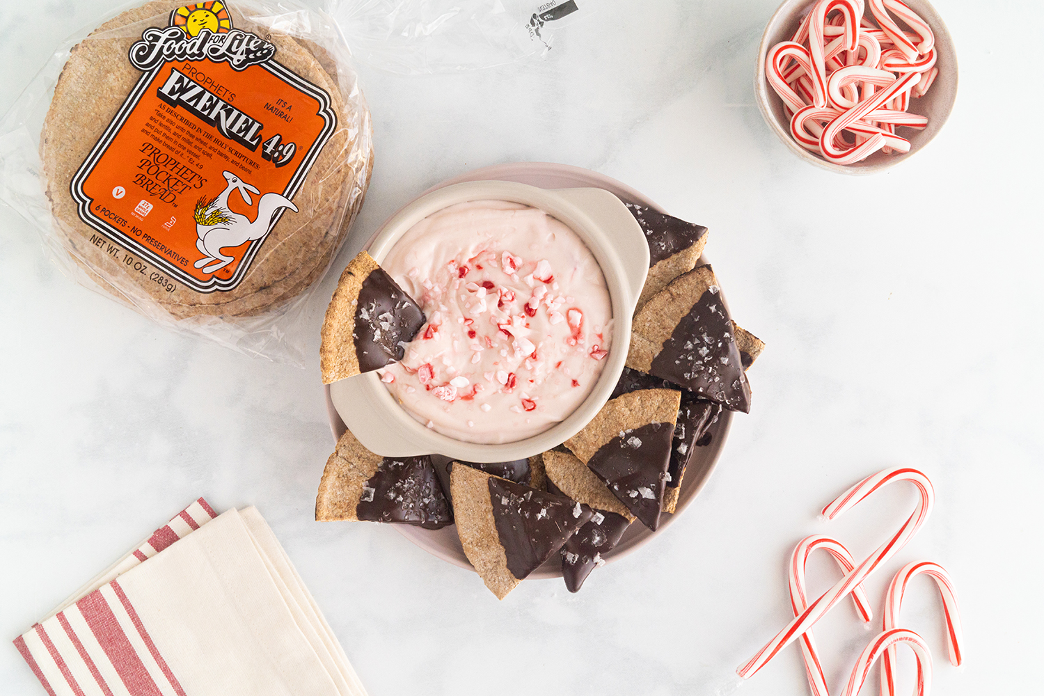 Chocolate-Dipped Pita Chips a bowl of candy-cane flavored pita dip