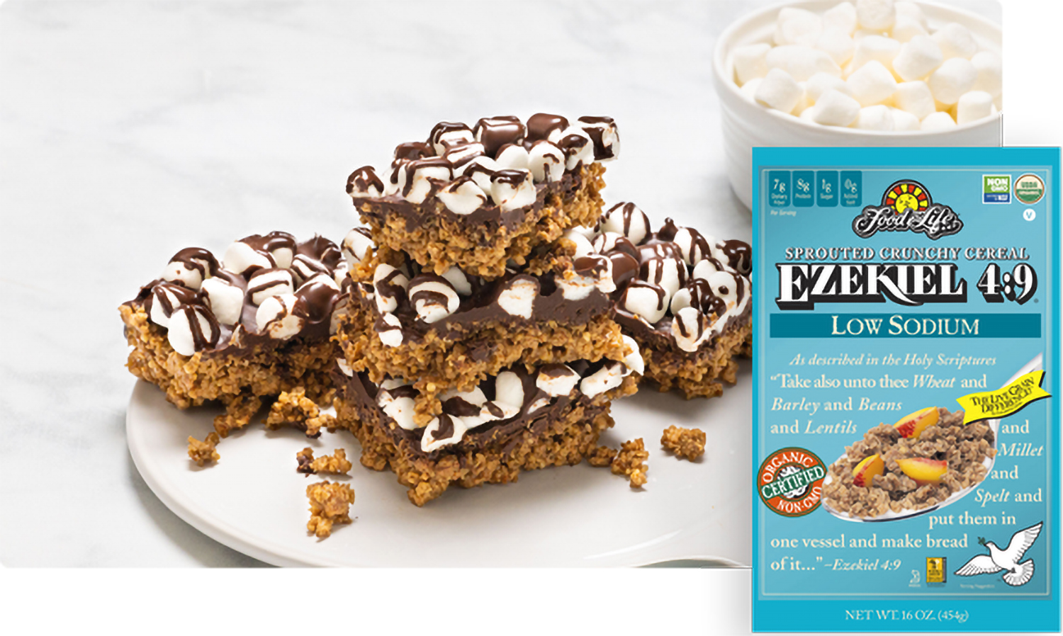 a plate of no-bake s'mores and a box of cereal