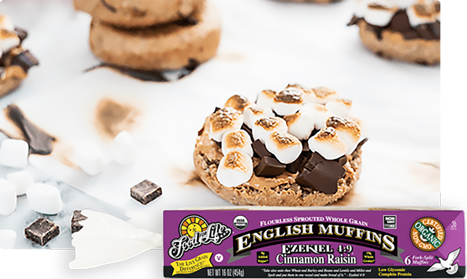 Peanut Butter S'Mores English Muffins an english muffin with peanut butter, chocolate, and marshmellows