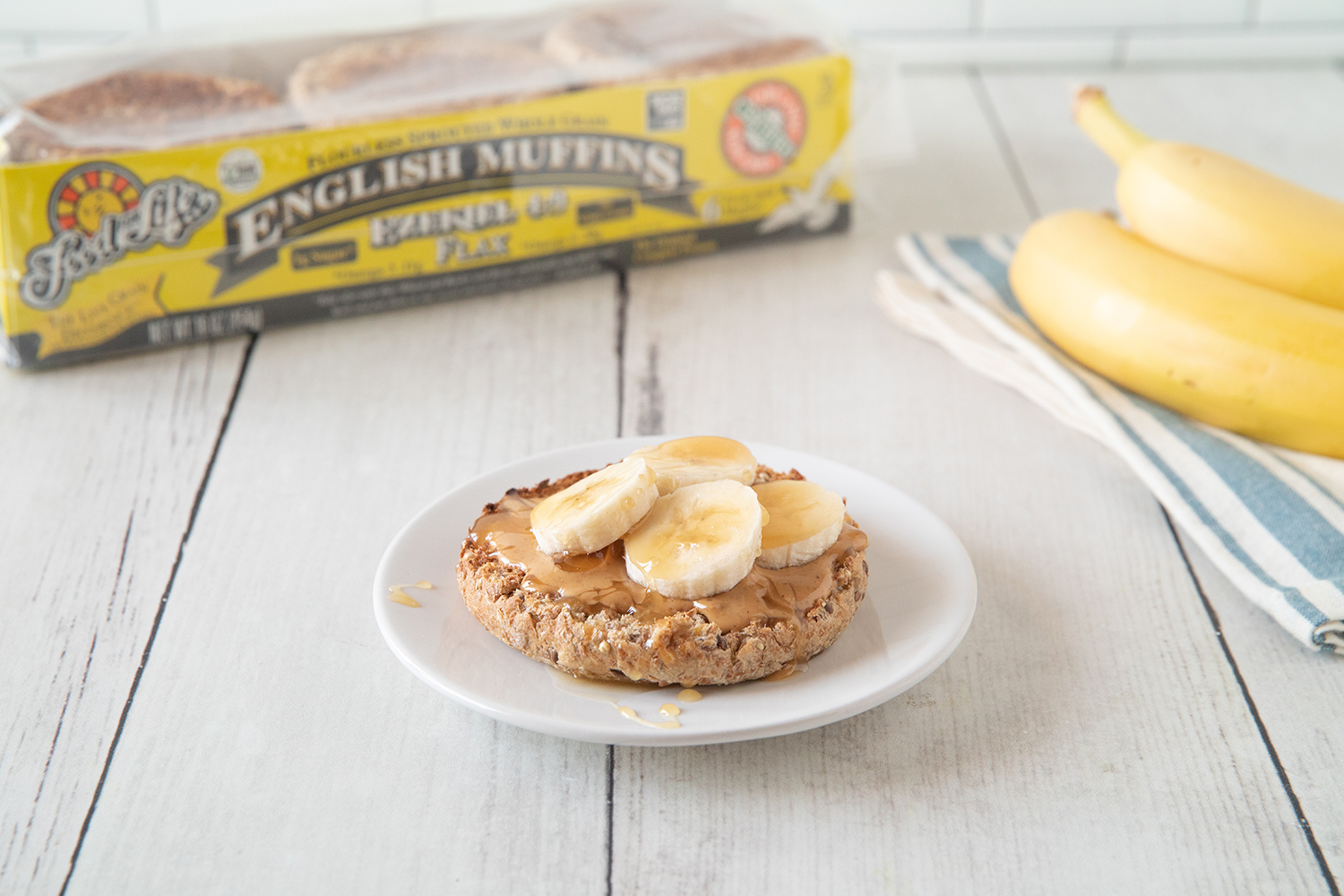 Almond Butter and Banana Toast almond butter spread on an english muffin