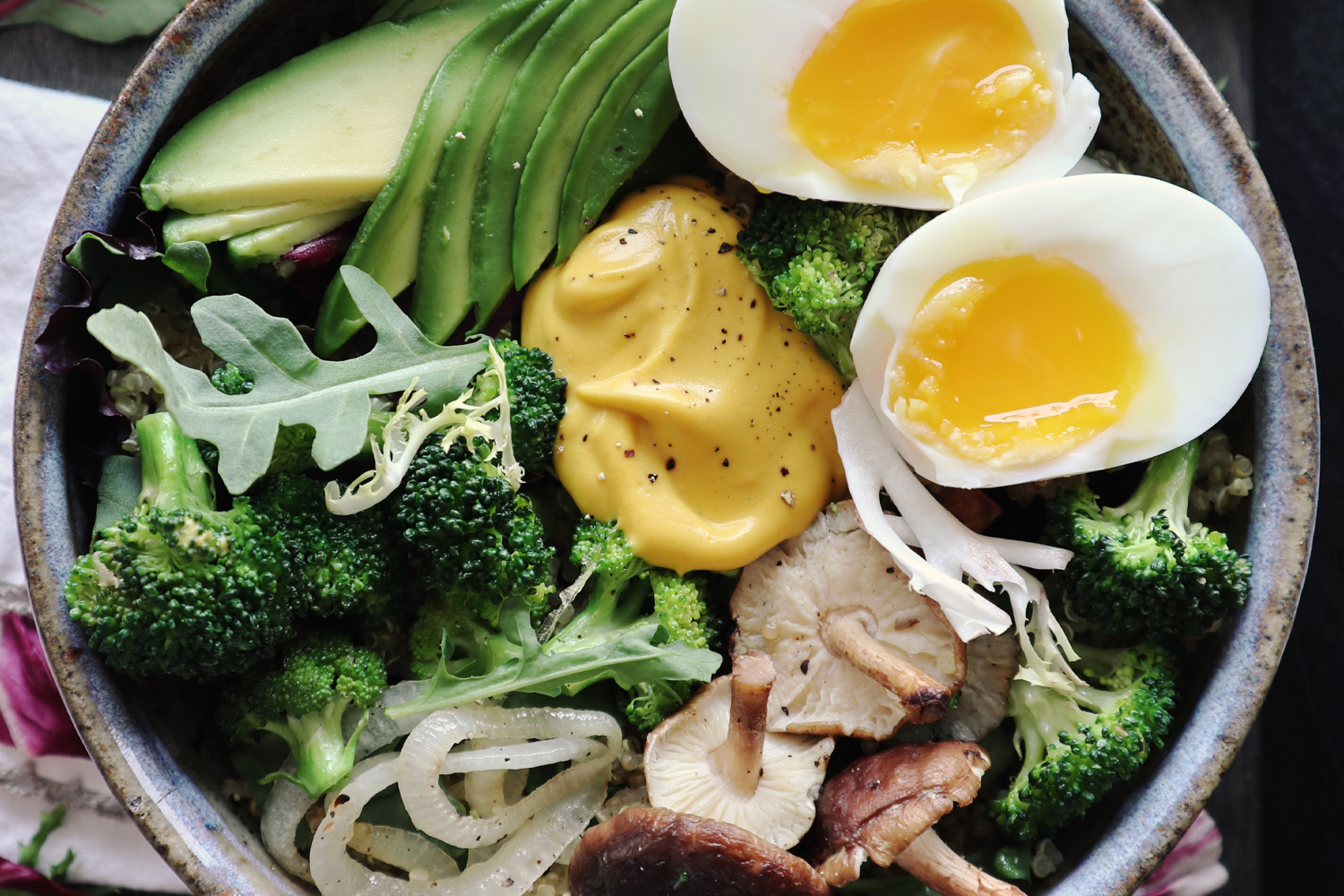A dollop of homemade dressing on a power bowl