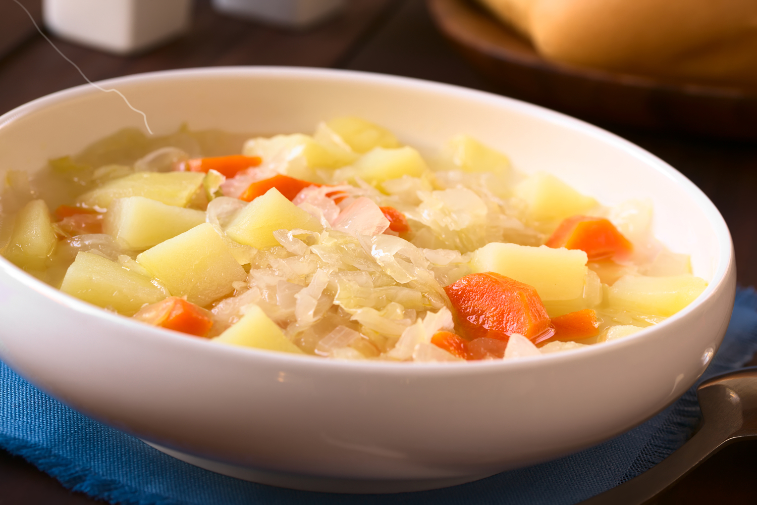 Cabbage and Potato Stew A bowl of vegetarian irish stew with cabbage and potatoes