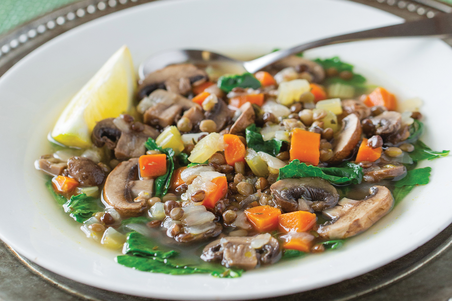 Lemony Lentil Soup with Mushrooms & Kale