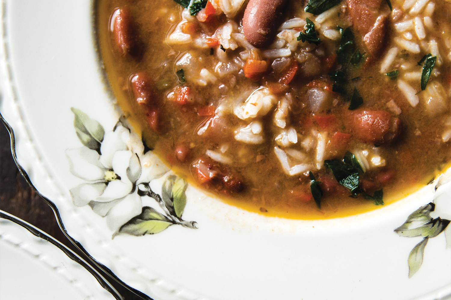 Red Beans and Rice Soup Red Beans and Rice Soup in a white bowl with floral accents.