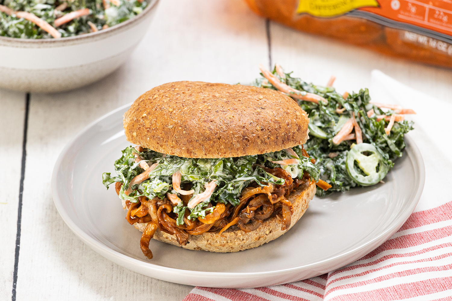 BBQ Pulled Mushroom Sandwiches a mushroom sandwich with barbecue sauce