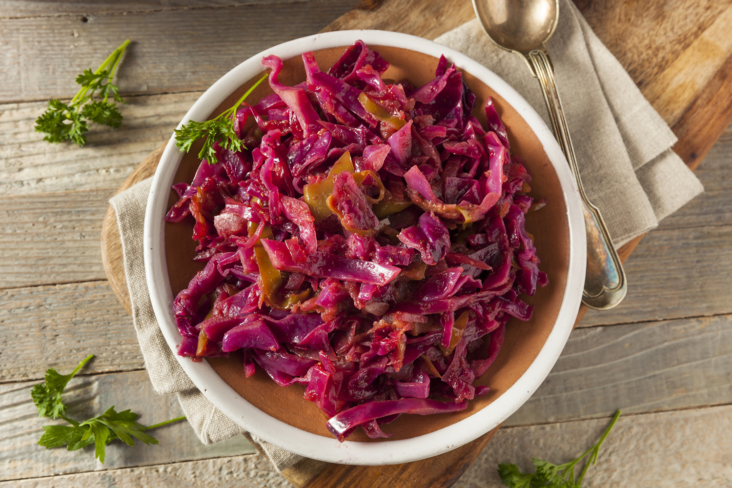 Braised Cabbage and Apples a bowl of red cabbage braised with apples