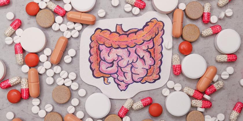 a drawing of the digestive system, surrounded by tablets and capsules