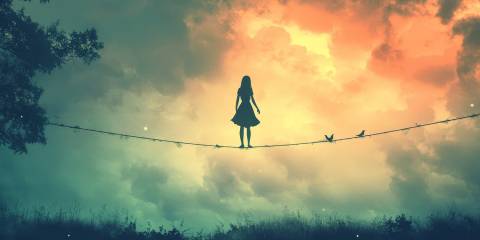 Building Self-Confidence for Sustained Change a young woman standing on a high-wire with birds