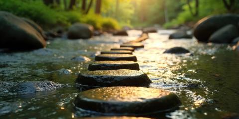 Familiar Chaos vs. Unfamiliar Peace Smooth rocks in a river leading into the distant woods.