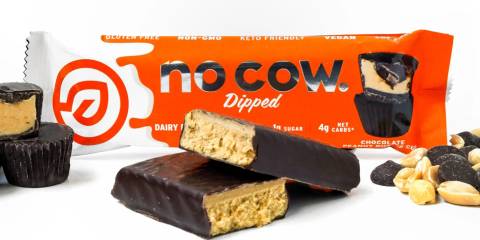 a peanut butter protein bar dipped in chocolate