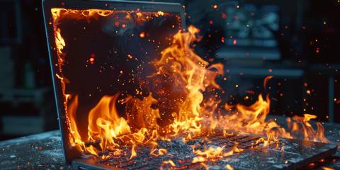 a laptop on fire in a networked building