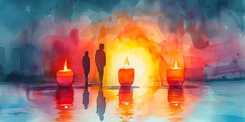 Memory's Purpose watercolor figures passing by candles on the water