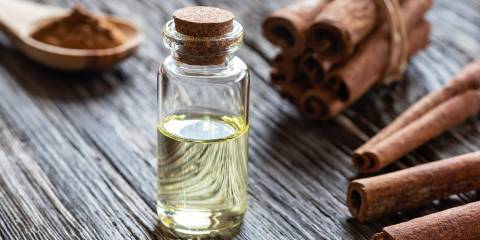 cinnamon bark and a bottle of essential oil