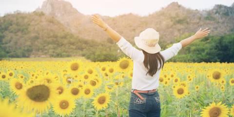 Woman in sunflower field with arms raised to the sunshine.