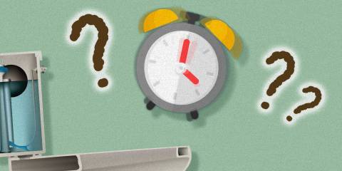 a confused alarm clock going off over a toilet