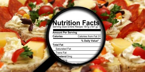 A nutritional label inside a magnifying glass with meat, cheeses and vegetables in the background.