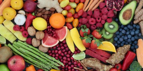 A colorful display of fruits and vegetables.