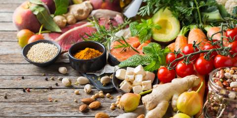 Flexitarian Diet: A Flexible Way of Eating Assortment of healthy food ingredients for a Flexitarian diet on a wooden kitchen table