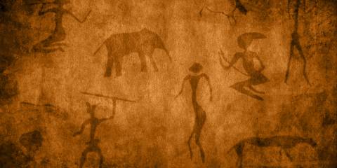 Cave Painting with animals and hunters