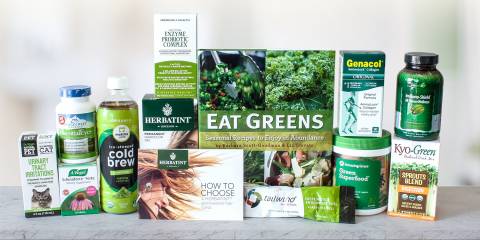 A whole bunch of natural products in green packaging