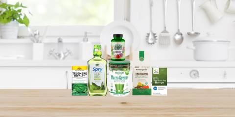 a selection of all-natural supplements, superfoods, and body care products