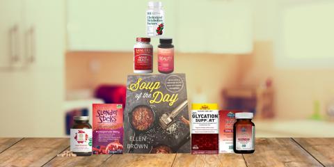 assortment of supplements and cookbook