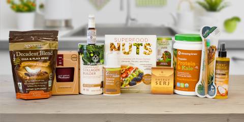 a selection of all-natural foods, supplements, and body care products