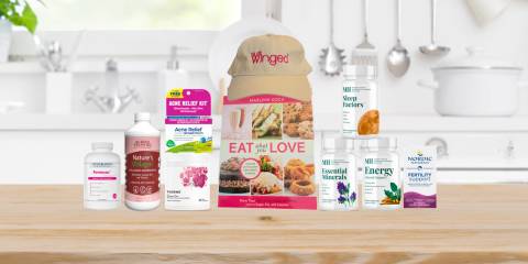 a wide variety of supplements for women's health, a recipe book, and a free hat