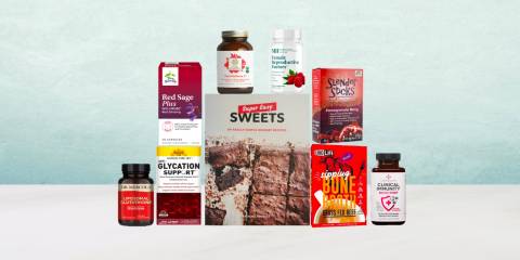 a selection of all-natural supplements, foods, and a recipe book