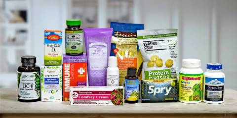 a collection of all-natural supplements, body care products, and food