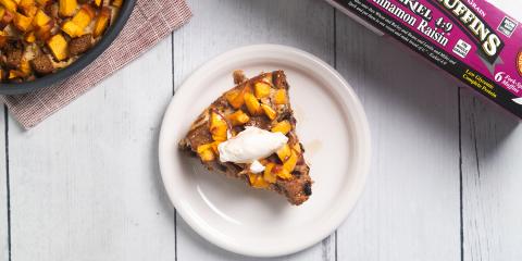 Baked Peach English Muffin French Toast a slice of baked french toast with peaches